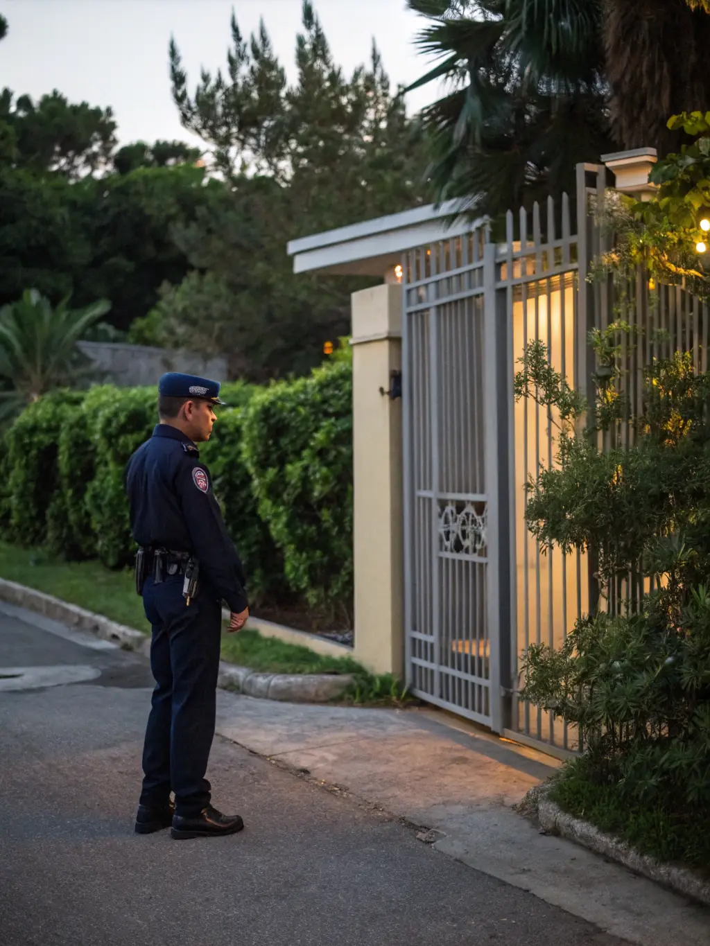 A security guard standing watch outside a gated community, ensuring only authorized personnel enter.
