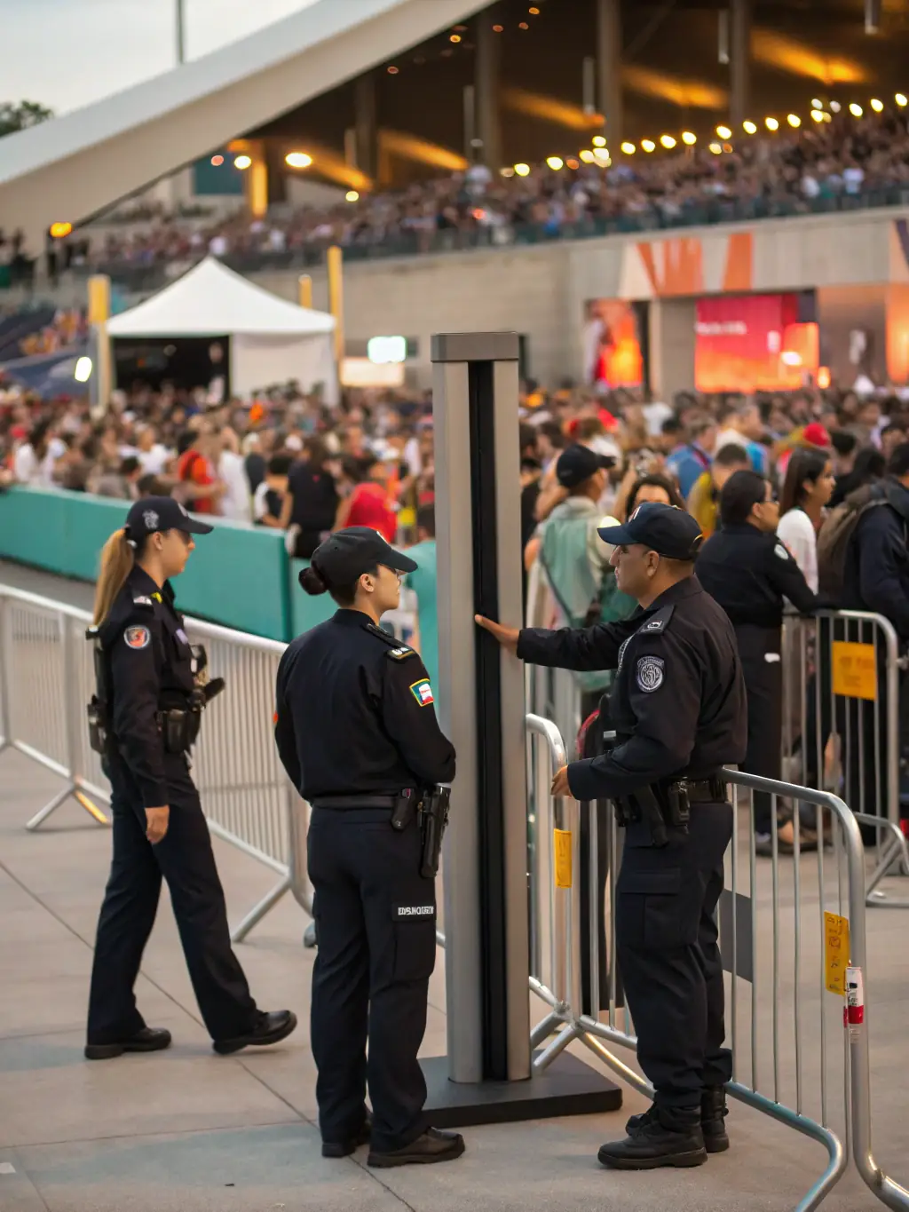 Security personnel managing crowd control at a large outdoor event, ensuring the safety and order of the attendees.