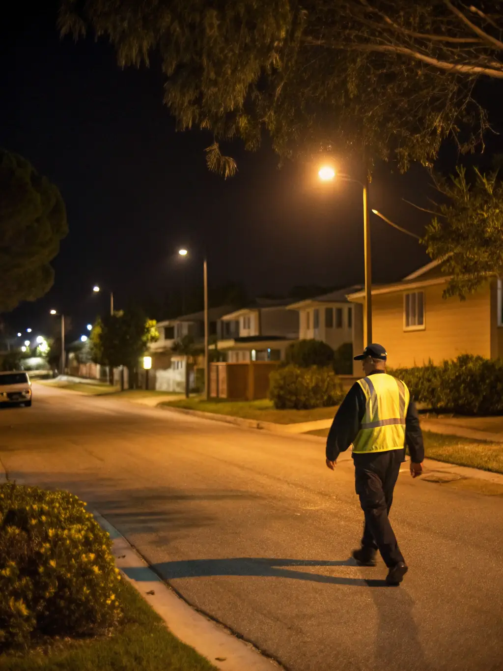 A security guard patrolling a residential neighborhood at dusk, providing a sense of safety and security to the residents.
