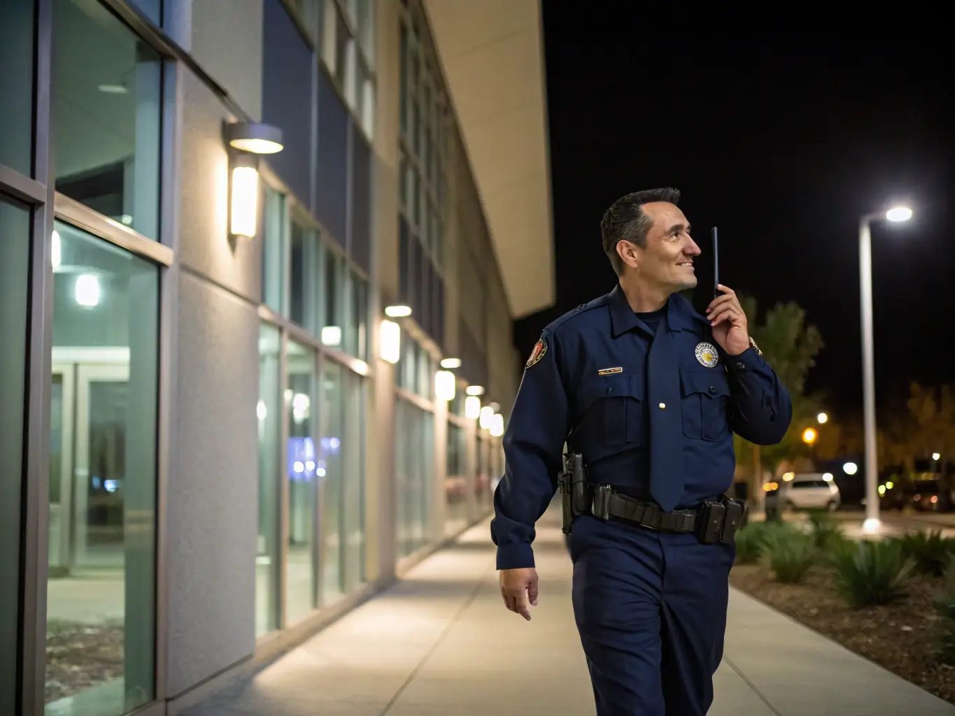 An image showing a security guard using a mobile device to receive and respond to a security alert in a residential neighborhood.