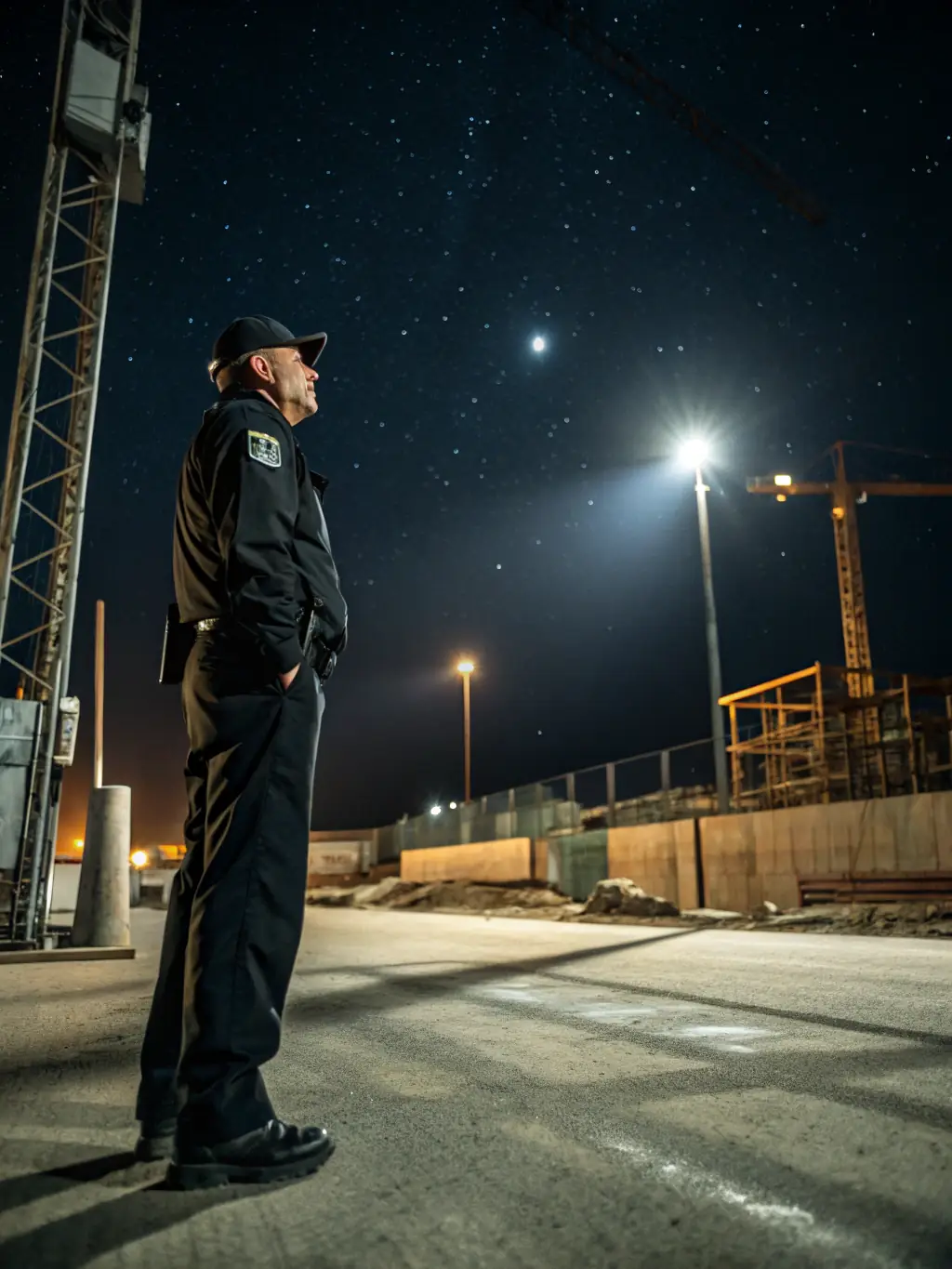 A security guard in a professional uniform standing in front of a commercial building at night, ensuring safety and security.