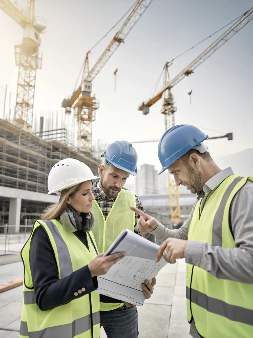 A security consultant reviewing blueprints at a construction site, ensuring comprehensive security planning and implementation.