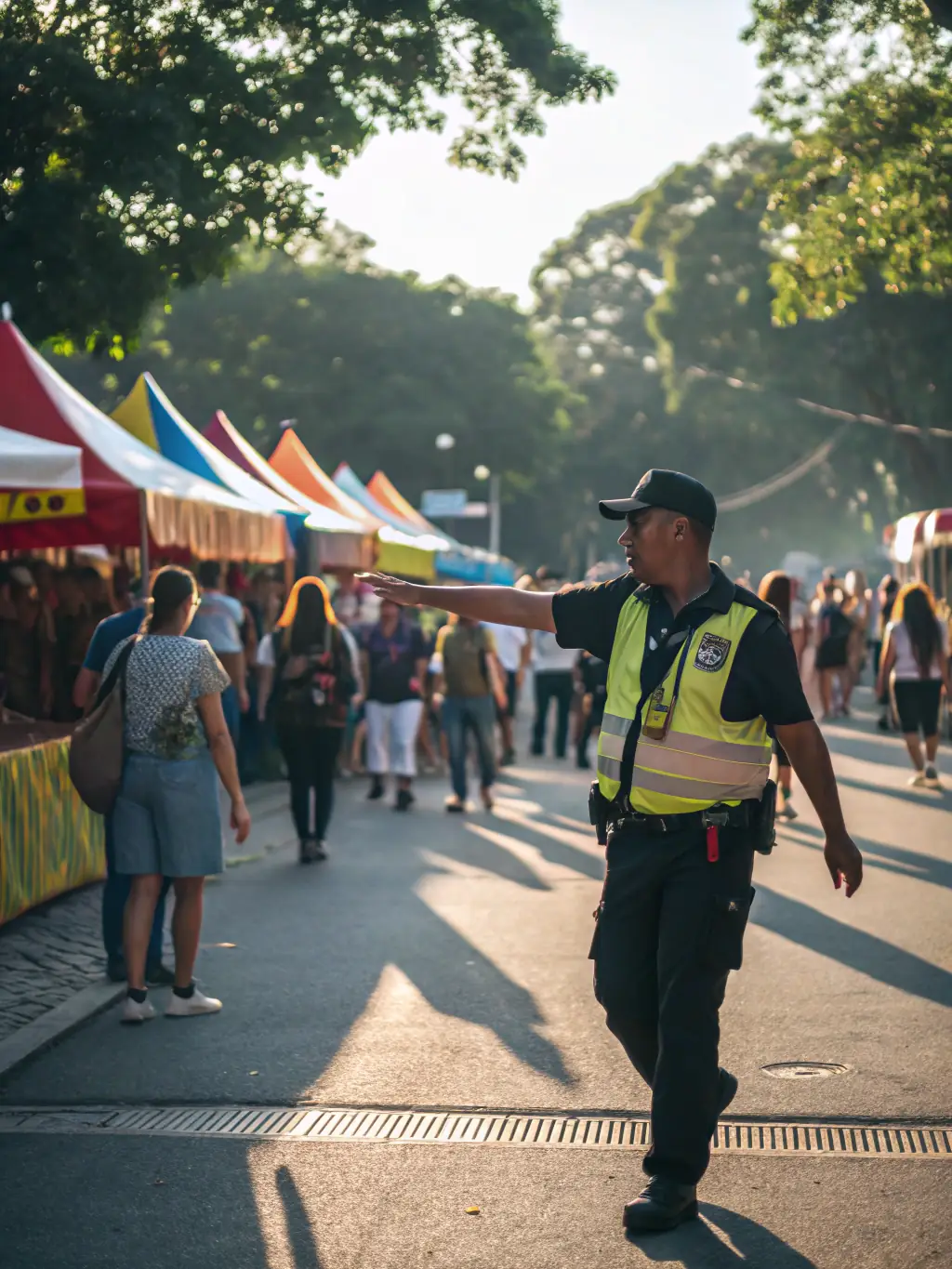 A security team managing crowd control at a large outdoor event, ensuring a safe and orderly environment.