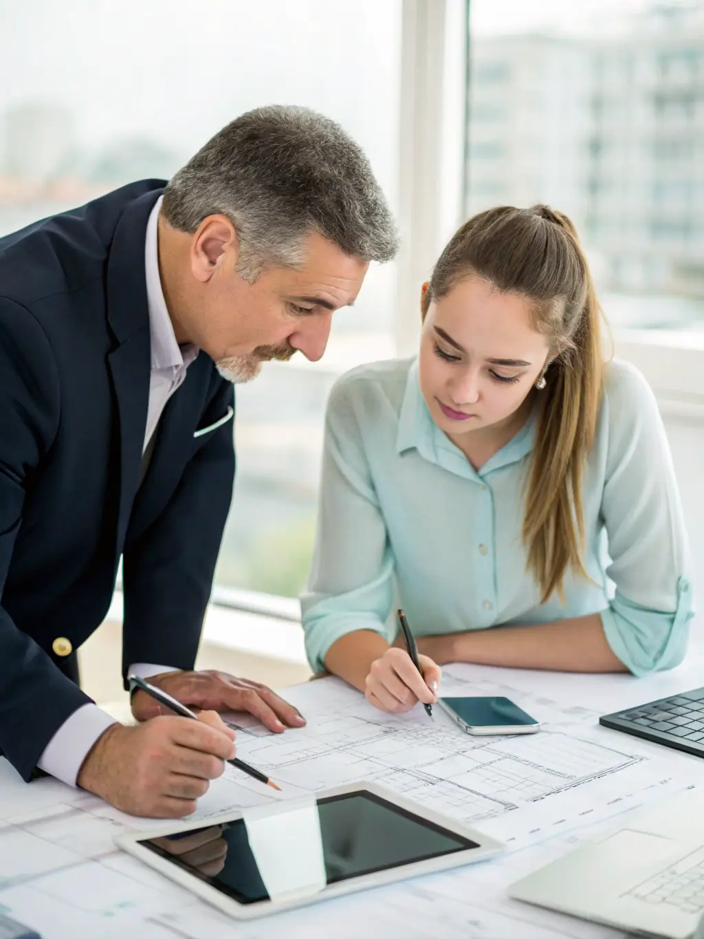 A security consultant reviewing security plans with a client in an office setting, providing expert advice and solutions for RGV Security Services.