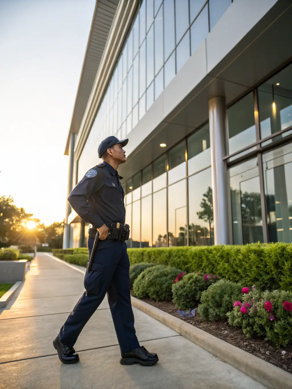 A security guard in a crisp uniform stands tall and alert in front of a modern office building at dusk, ensuring the safety of the premises.