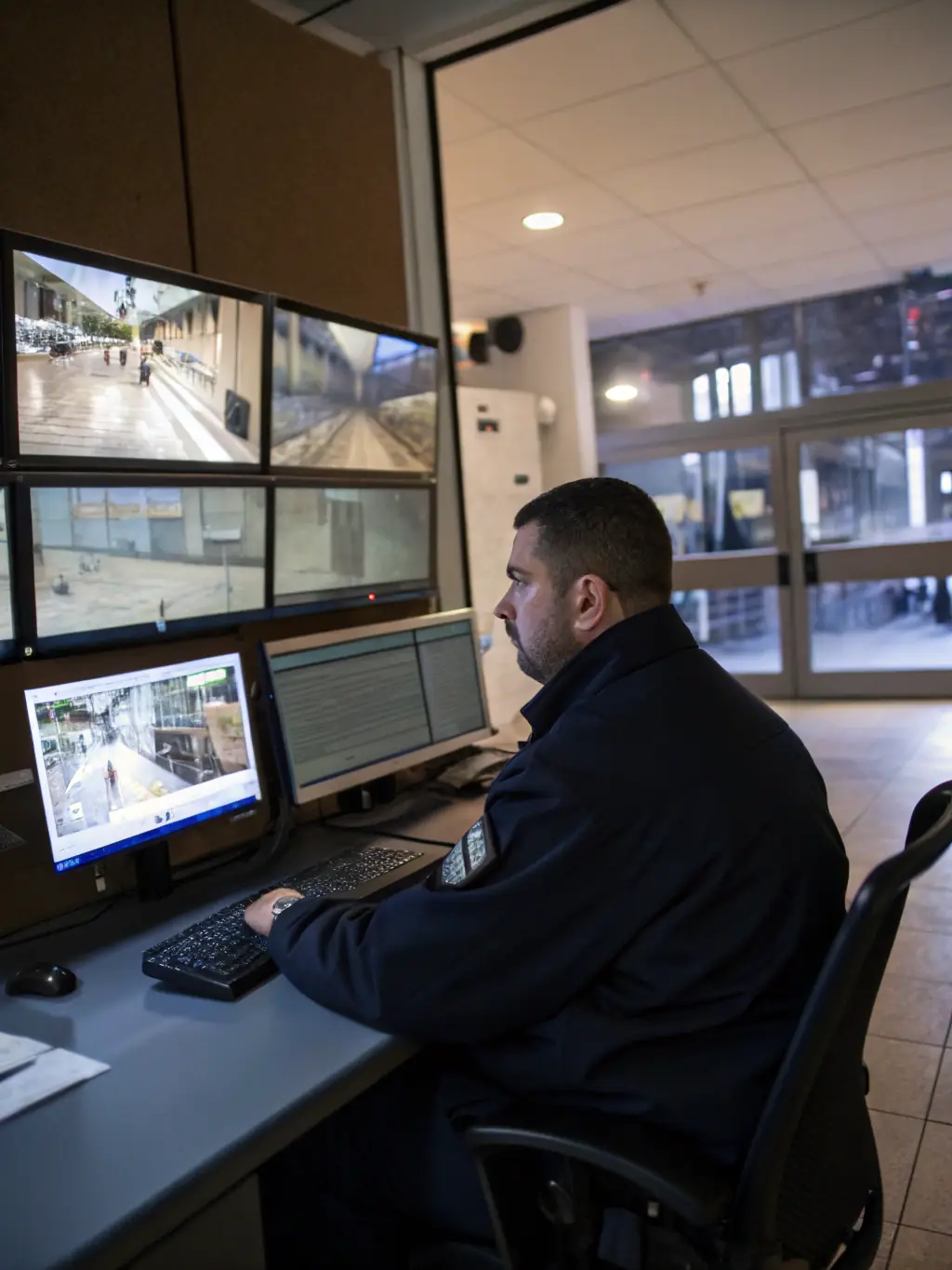 A security professional is seen reviewing surveillance footage in a high-tech control room, demonstrating the use of advanced security technology.