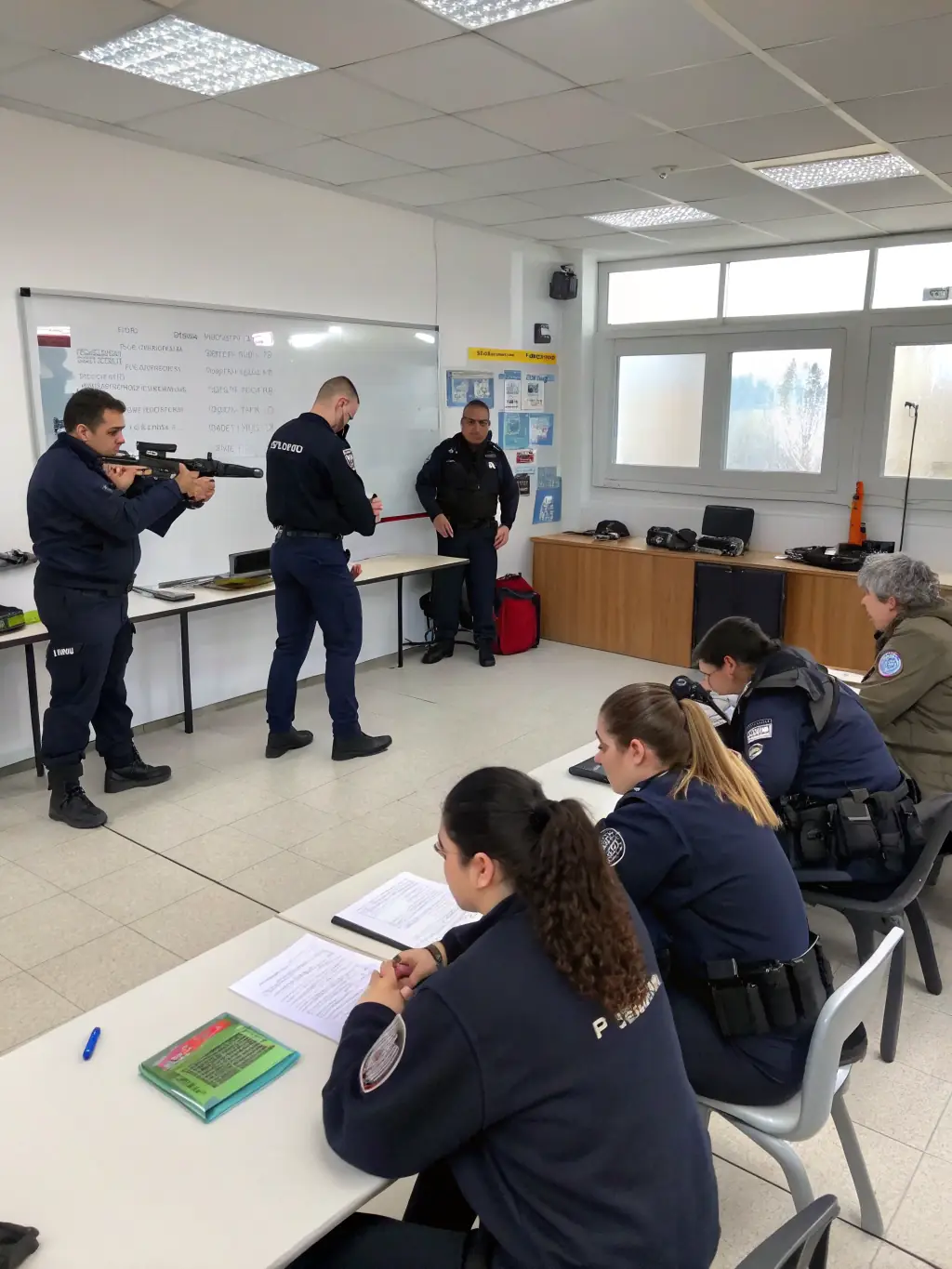 A diverse group of security guards participates in a hands-on training session, learning de-escalation techniques and emergency response protocols.